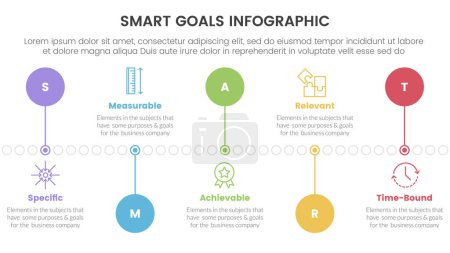 SMART goals setting framework infographic with timeline circle point up and down with 5 step points for slide presentation vector