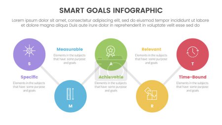 Illustration for SMART goals setting framework infographic with timeline big circle connection line up and down with 5 step points for slide presentation vector - Royalty Free Image