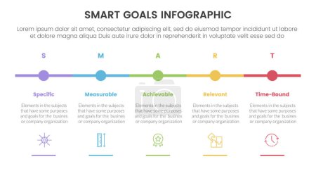 Illustration for SMART goals setting framework infographic with timeline small circle point horizontal with 5 step points for slide presentation vector - Royalty Free Image