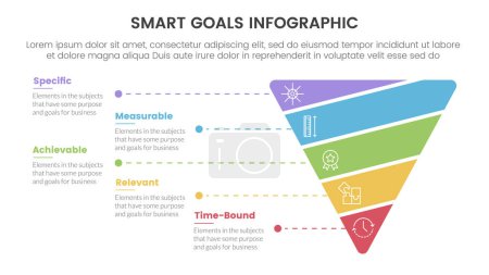SMART goals setting framework infographic with funnel cutted or sliced shape with 5 step points for slide presentation vector