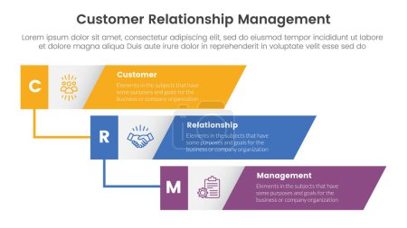 CRM customer relationship management infographic 3 point stage template with vertical timeline skew rectangle waterfall for slide presentation vector