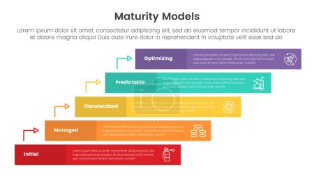 maturity model infographic with 5 point stage template with long rectangle box on stairway step case for slide presentation vector