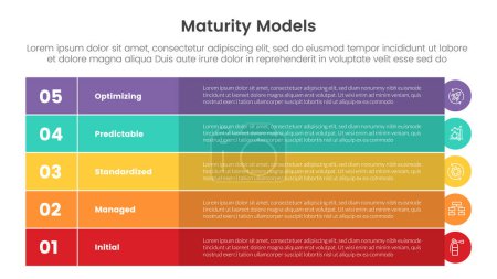 maturity model infographic with 5 point stage template with big rectangle box table colorfull with circle edge for slide presentation vector