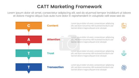 catt marketing framework infographic 4 point stage template with rectangle box stack with small arrow bottom for slide presentation vector