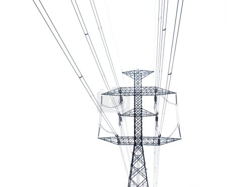 Téléchargez les photos : Silhouette de tours de transmission haute tension sur fond blanc avec chemin de coupe - en image libre de droit