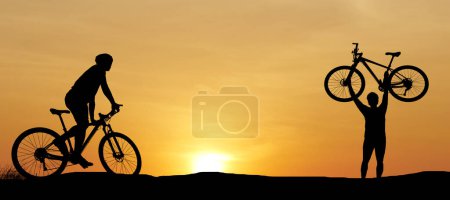 Photo for Silhouette of cyclists exercising in the meadow in the evening, fitness health care concept - Royalty Free Image