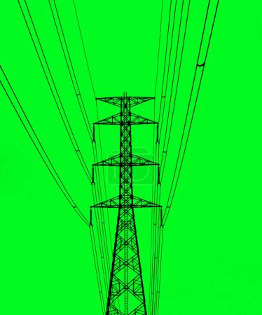 Photo for Silhouette of high voltage poles with electric wires. Silhouette of high voltage power line cables. Steel structure of electric poles. electric power transmission concept - Royalty Free Image