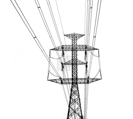 Téléchargez les photos : Silhouette de tours de transmission haute tension sur fond blanc avec chemin de coupe - en image libre de droit