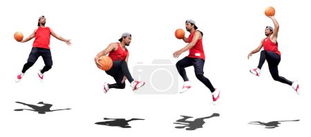 Photo for Collage of professional basketball player jumping and playing ball in studio - Royalty Free Image
