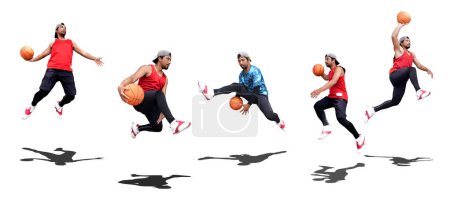 Téléchargez les photos : Collage de joueur de basket professionnel sautant et jouant au ballon en studio - en image libre de droit