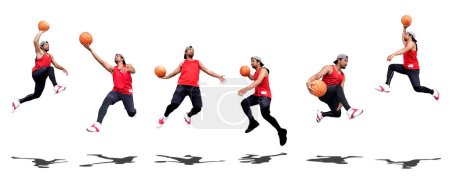 Photo for Collage of professional basketball player jumping and playing ball in studio - Royalty Free Image