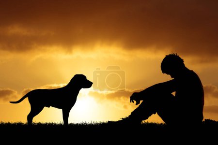 Photo for Dog is man's best friend concept, image of desperate man with dog by his side - Royalty Free Image