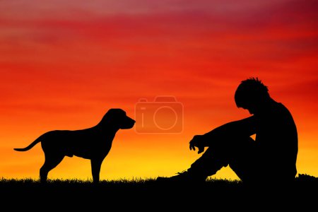 Photo for Dog is man's best friend concept, image of desperate man with dog by his side - Royalty Free Image