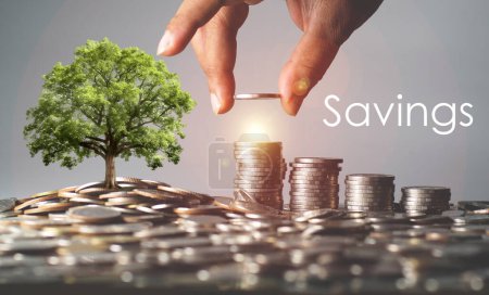 Foto de Ilustración del concepto de ahorro de dinero y gestión de una pila creciente de monedas de ahorro de dinero. - Imagen libre de derechos