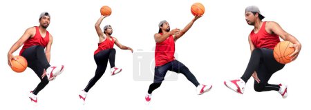 Téléchargez les photos : Collage de joueur de basket professionnel sautant et jouant au ballon sur fond blanc - en image libre de droit