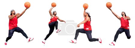 Téléchargez les photos : Collage de joueur de basket professionnel sautant et jouant au ballon sur fond blanc - en image libre de droit