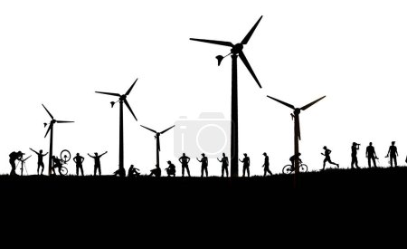 Téléchargez les photos : Silhouettes d'hommes et d'éoliennes générant de l'électricité sur fond blanc - en image libre de droit