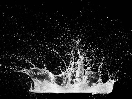 High-speed photograph of water splash against a black background, capturing dynamic and energetic water droplets in motion.