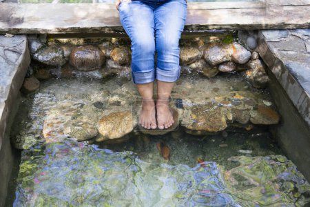 Téléchargez les photos : Pieds féminins d'âge moyen, spa de pieds se détendre dans onsen source chaude naturelle, concept de source chaude, santé des pieds, circulation sanguine, activités récréatives, thérapie - en image libre de droit