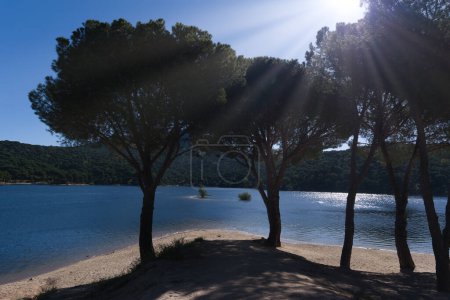 spring view of a mountain lake in spain near madrid on a sunny day