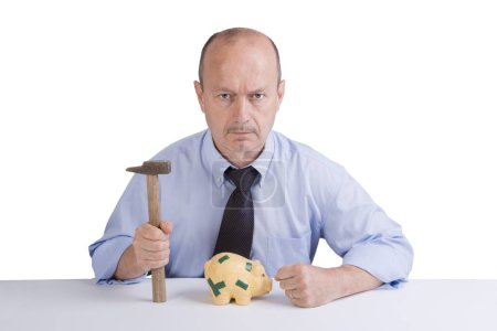 Photo for A middle-aged man breaking the piggy bank on a transparent background - Royalty Free Image