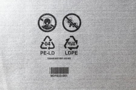 Photo for Plastic packaging symbols: warning to keep bags away from children, recycle icon, recyclable symbol 04 PE-LD - Royalty Free Image