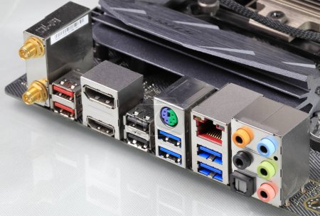 Multiple ports on modern computer mainboard show with HDMI, Display port, USB 3.2 type A, usb 3.1, Wifi, ps2, audio panel and LAN.