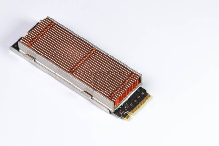 Photo for Solid state drives with copper heat sink for computer - ssd sata, NVME PCIe, SATA SSD m key, b key isolated on white background. - Royalty Free Image