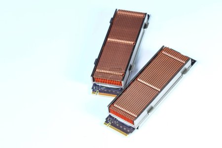 Photo for Vareity of solid state drives with copper heat sink for computer - ssd sata, NVME PCIe, SATA SSD m key, b key isolated on white background. - Royalty Free Image