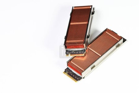 Photo for Vareity of solid state drives with copper heat sink for computer - ssd sata, NVME PCIe, SATA SSD m key, b key isolated on white background. - Royalty Free Image