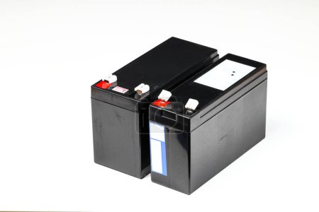 Photo for Sealed UPS batteries, 12 v sealed lead acid ups battery isolated on white background. - Royalty Free Image