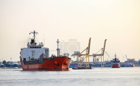 Photo for Ocean liner, Cargo Ship, Thanker going to port in thai gulf zone near samutprakarn province, Thailand. - Royalty Free Image