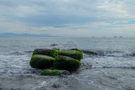 Téléchargez les photos : Rocher au milieu de la plage (mer). Le rocher qui est utilisé pour marcher sur les pêcheurs. - en image libre de droit