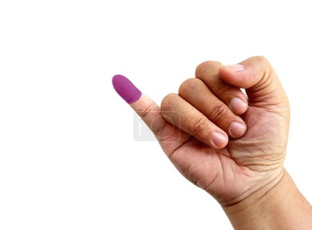 The little finger of a man's hand with blue ink patches isolated on a white background