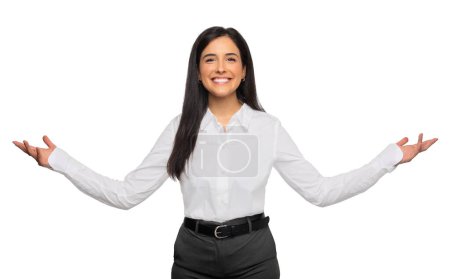 Foto de Business woman with hands facing palms up, promo between choices, the entire space, empty blank place, copy, presenting advertisement, isolated on a white background - Imagen libre de derechos