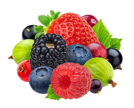 Téléchargez les photos : Berry isolé sur fond blanc avec chemin de coupe, collection de mûres, fraises, bleuets, framboises, cassis, vue de dessus - en image libre de droit