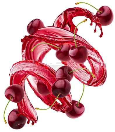 Falling cherries and juice splash isolated on white background with clipping path