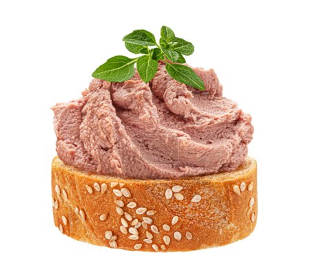 Photo for Bruschetta with homemade liver pate isolated on white background - Royalty Free Image