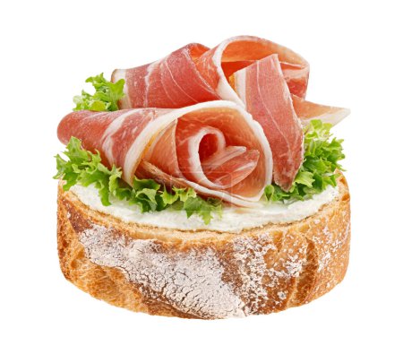 Baguette slice with smoked bacon rolls, toast with cream cheese and salad leaves, sandwich with pork brisket isolated on white background, full depth of field
