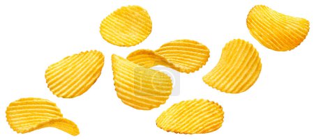 Falling ridged potato chips isolated on white background with clipping path