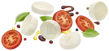 Foto de Caída de queso mozzarella y rodajas de tomate con hojas de albahaca, aderezo balsámico, ingredientes de ensalada caprese aislados sobre fondo blanco con camino de recorte - Imagen libre de derechos