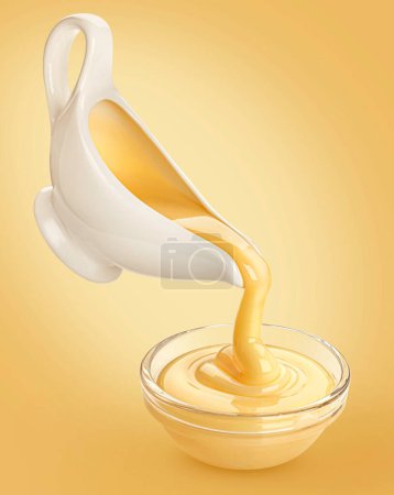 Téléchargez les photos : Verser le lait condensé sur fond jaune, couler la crème évaporée douce - en image libre de droit