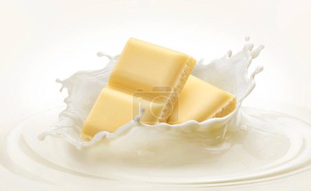 Foto de Barras de chocolate blanco cayendo en salpicaduras de leche, concepto de diseño de envases - Imagen libre de derechos