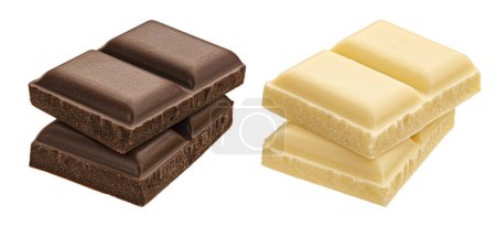 Dunkle und weiße Milchschokoladenstücke stapeln sich isoliert, volle Schärfentiefe