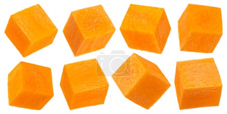 Photo for Fresh carrot cubes isolated on white background with clipping path, full depth of field - Royalty Free Image