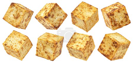 Fried tofu cubes isolated on white background with clipping path