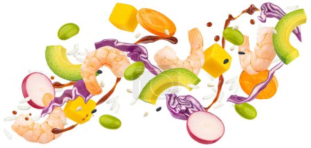 Falling shrimp poke ingredients, traditional Hawaiian raw fish salad with teriyaki sauce isolated on white background with clipping path