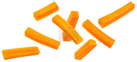 Palitos de zanahoria aislados sobre fondo blanco con camino de recorte, profundidad total de campo