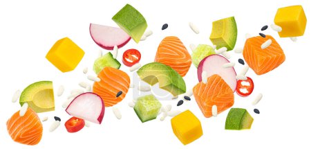 Salmon poke ingredients, traditional Hawaiian raw fish salad isolated on white background with clipping path