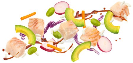 Falling poke ingredients, traditional Hawaiian raw fish salad isolated on white background with clipping path